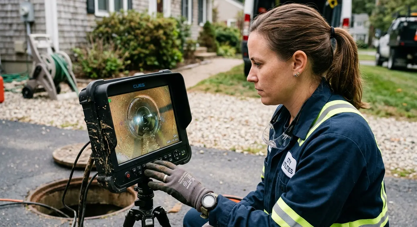 Technician reviewing sewer camera inspection footage in Albany