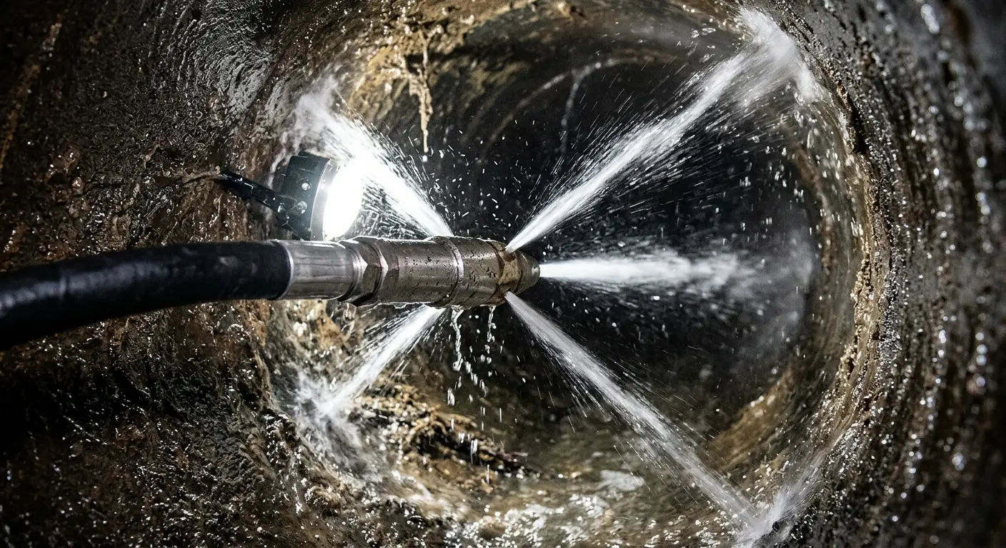 High-pressure hydro jetting nozzle cleaning sewer pipe for Trenchless Sewer Repair in Albany