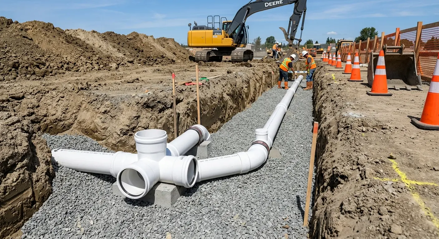 New PVC sewer pipe installation in open trench for Commercial Drain Cleaning in Albany